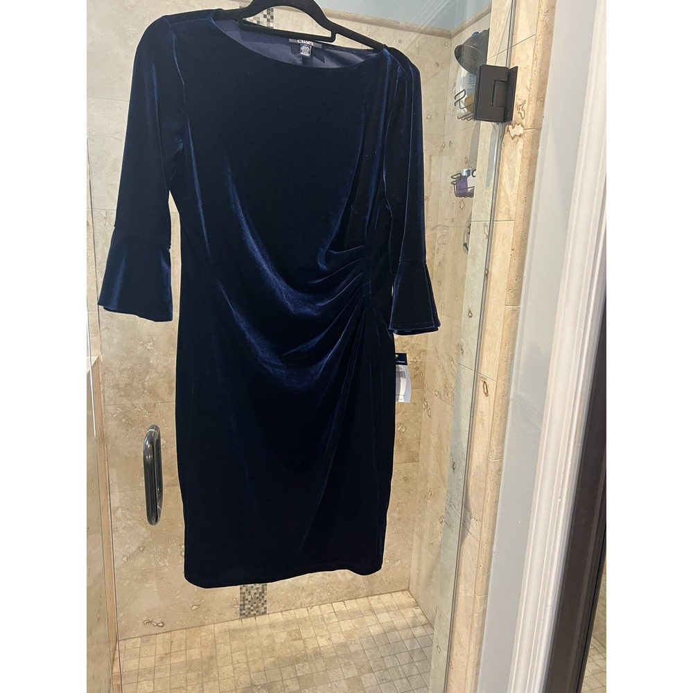 Chaps Navy Blue Velvet Dress Bell Sleeve Holiday Party Cocktail Mock Wrap L NEW